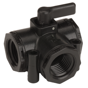 Black plastic 1/2-inch three-way ball valve with a manual lever handle and threaded ports for fluid flow control.