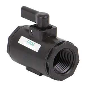Black plastic LV050V ball valve with a manual lever handle and a white FKM seal label on a white background.