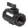 Black plastic LV050V ball valve with a manual lever handle and a white FKM seal label on a white background.
