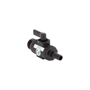 Black plastic mini ball valve with threaded inlet, barbed outlet, and manual lever handle.