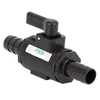 Black 1/2-inch plastic ball valve with FKM seal and barbed hose connections for fluid control systems.