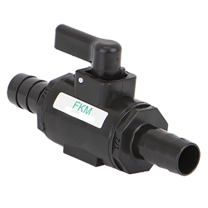 Black 1/2-inch plastic ball valve with FKM seal label and barbed hose connections for fluid control systems.
