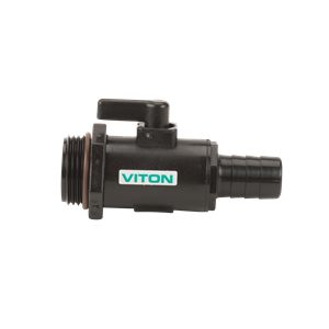 Black plastic ball valve with a Viton seal, threaded inlet, and barbed hose outlet for fluid control systems.
