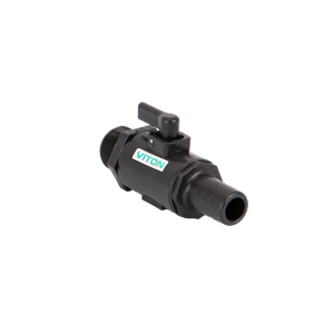 Black plastic ball valve with a Viton seal label, featuring a manual lever handle and threaded connection ends.