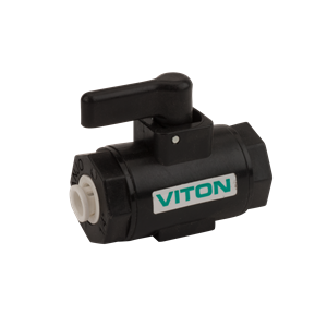 Black LVPL025V ball valve with a manual lever handle and a Viton seal label on a compact plastic body.