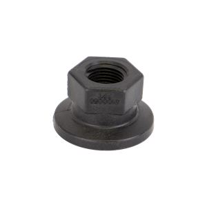 Black M100050FPT hex flange nut with internal threading and a durable, smooth finish for industrial fastening.