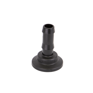 Black plastic barbed hose adapter fitting with a circular mounting flange base.