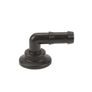 Black polypropylene 90-degree elbow hose barb fitting with a flanged base for secure industrial plumbing connections.