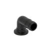 Black plastic 90-degree elbow fitting with a flanged base and barbed hose connection.