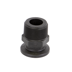 Black plastic M100125MPT threaded pipe adapter with a wide flange and hexagonal nut section for secure installation.