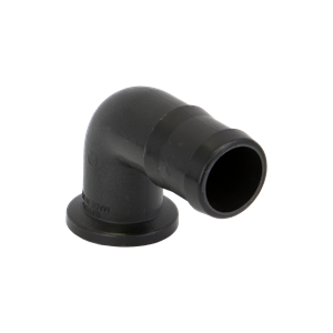 Black plastic 90-degree elbow pipe fitting with a flanged base for plumbing and irrigation systems.