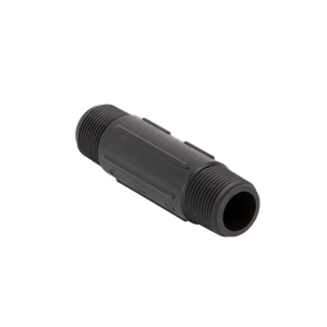 Black plastic M1006P pipe nipple with threaded ends and a ribbed cylindrical body for secure plumbing connections.