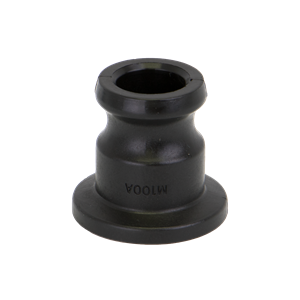 Black M100A plastic adapter fitting with a flanged base and cylindrical neck, isolated on a white background.
