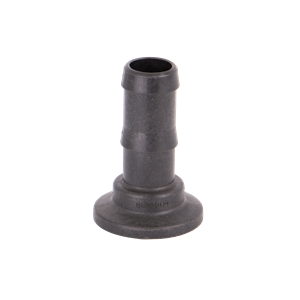 Black plastic M100BRB barbed adapter fitting with a wide circular base and dual-ribbed hose connection stem.