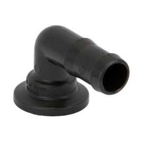 Black plastic 90-degree elbow hose barb fitting with a circular mounting flange base.