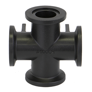 Black M100CR four-way cross pipe fitting with flanged ends, made of durable industrial-grade plastic.