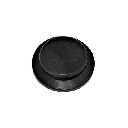 Black round plastic M100PLG replacement knob with a smooth, stepped design for cookware lids.