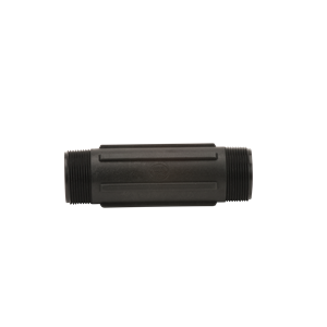 Black plastic M1120P pipe nipple with threaded ends and a central hexagonal grip section for plumbing installations.
