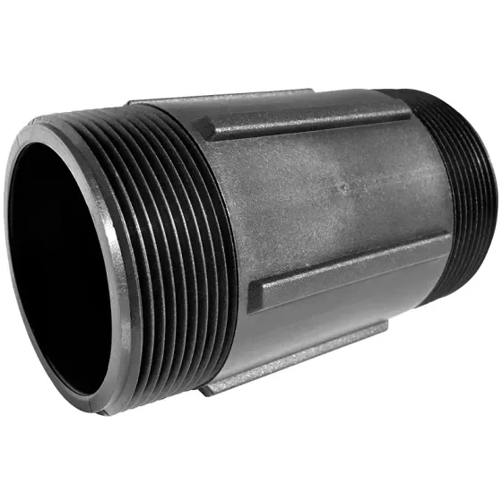 Black plastic M1140P threaded pipe nipple with a smooth center grip and male-threaded ends for plumbing connections.