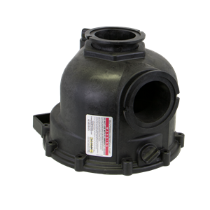 Black plastic M13712 pump housing with a circular intake port, mounting flange, and a red warning safety label.