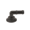 Black plastic 90-degree elbow hose barb fitting with a flanged base for industrial fluid connection.