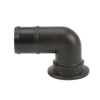 Black plastic 90-degree elbow pipe fitting with a flanged base and barbed connection end.