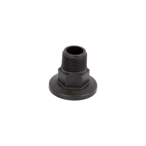 Black plastic M200125MPT threaded pipe fitting with a wide circular base and male NPT connection.