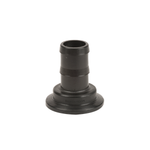 Black plastic barbed flange adapter fitting with a wide circular base and ribbed connector for secure hose attachment.