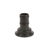 Black plastic barbed flange adapter fitting with a wide circular base and ribbed connector for secure hose attachment.