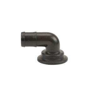 Black plastic 90-degree elbow hose fitting with a flanged base for secure mounting and fluid connection.