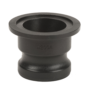 Black M200A camlock adapter with a flanged end, made of durable industrial-grade material for secure pipe connections.