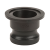 Black M200A camlock adapter with a flanged end, made of durable industrial-grade material for secure pipe connections.