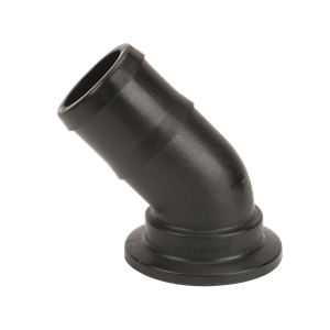 Black plastic 45-degree elbow pipe fitting with a flanged base for plumbing and industrial connections.
