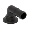 Black plastic 90-degree elbow hose barb fitting with a round flange base.