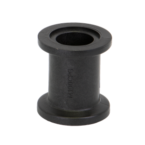 Black cylindrical M200CPG plastic bushing with flanged ends and a hollow center on a white background.