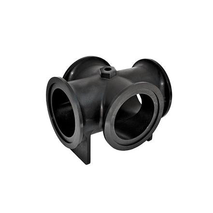 Black M200CR industrial cross pipe fitting with flanged ends and a central bolt mount on a white background.