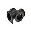 Black M200CR industrial cross pipe fitting with flanged ends and a central bolt mount on a white background.