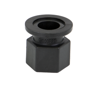 Black M200FPT plastic pipe fitting with a hexagonal base and a circular flanged top connector.