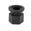 Black M200FPT plastic pipe fitting with a hexagonal base and a circular flanged top connector.