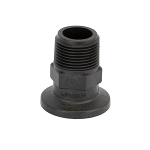 Black M200MPT threaded plastic pipe adapter with a wide flange base and hexagonal nut section for secure installation.