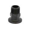 Black M200MPT threaded plastic pipe adapter with a wide flange base and hexagonal nut section for secure installation.