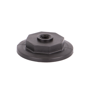 Black M200PLG025 threaded plastic leveling foot with a circular base and octagonal nut top for furniture adjustment.