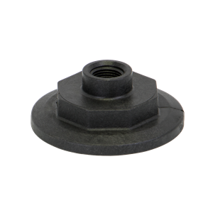 Black plastic M200PLG038 leveling foot with a hexagonal base and threaded center hole for industrial furniture.