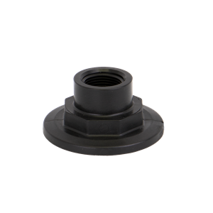 Black plastic M200PLG075 threaded bulkhead fitting with a wide circular flange and hexagonal base for secure mounting.