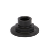 Black plastic M200PLG075 threaded bulkhead fitting with a wide circular flange and hexagonal base for secure mounting.