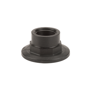 Black M200PLG100 threaded flange nut with a wide circular base and hexagonal center for secure industrial fastening.