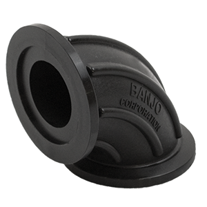 Black Banjo Corporation 90-degree flanged elbow pipe fitting made of durable reinforced polypropylene.