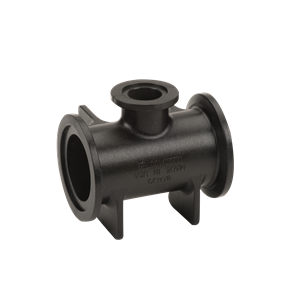 Black plastic M220100TEE flanged tee pipe fitting with three ports and integrated support stands.
