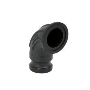 Black Banjo M220ASWP90 90-degree elbow pipe fitting with flanged connection and durable polypropylene construction.