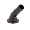 Black plastic 45-degree angled hose barb fitting with a circular mounting flange base.
